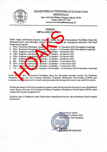 Surat Hoaks terkait Pengadaan Barang/Jasa Interactive Flat Panel di Kemendikdasmen